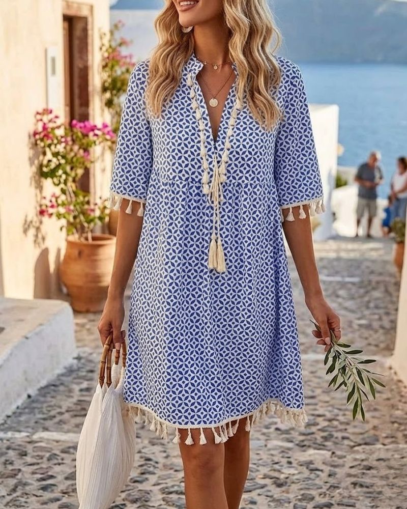 Vestido Mujer Mini | Cuello en V con flecos y estampado geométrico
