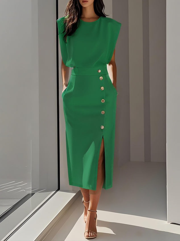 Vestido Mujer Midi | Escote Redondo con Abertura de Botones