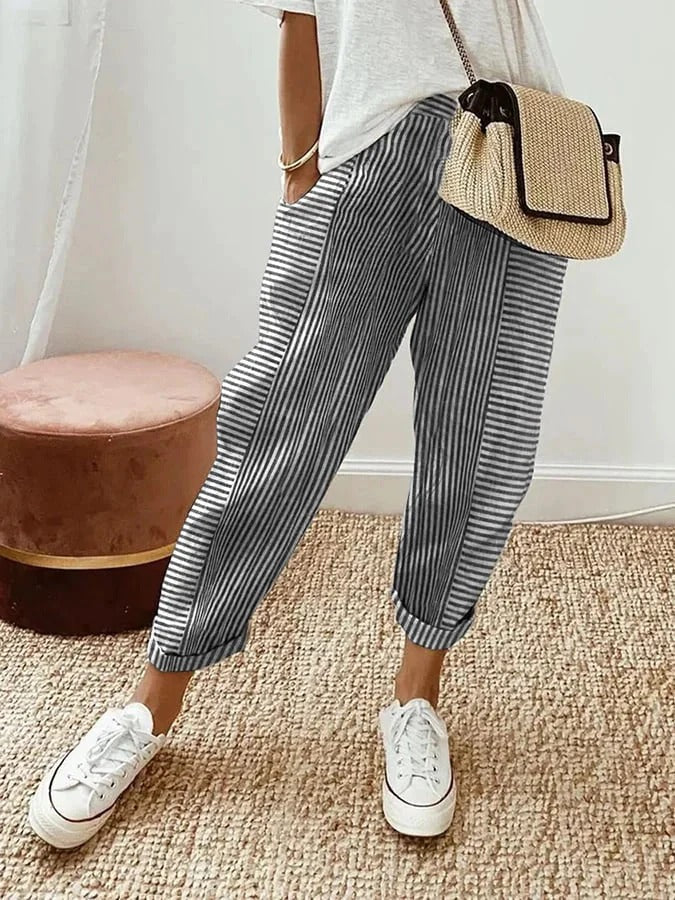 Pantalón mujer | rayas verticales con cintura elástica y cordón