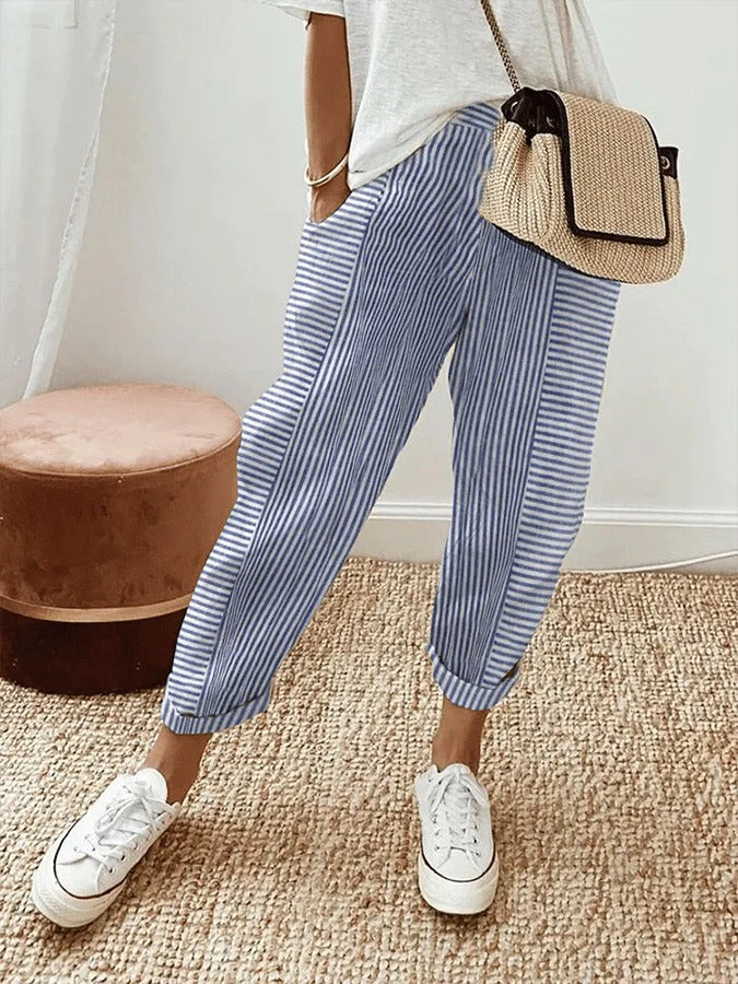 Pantalón mujer | rayas verticales con cintura elástica y cordón