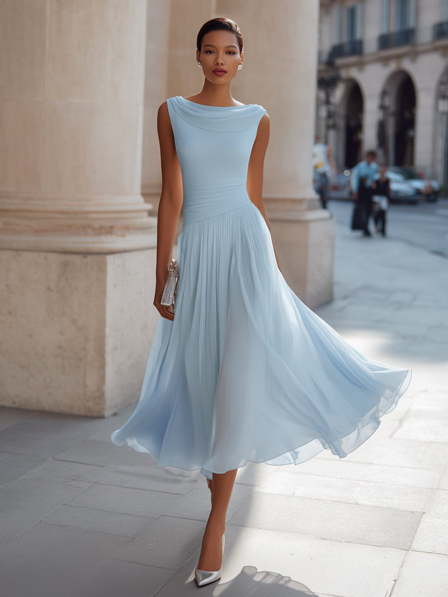 Vestido Mujer | Cuello Drapeado Sin Mangas con Falda Plisada