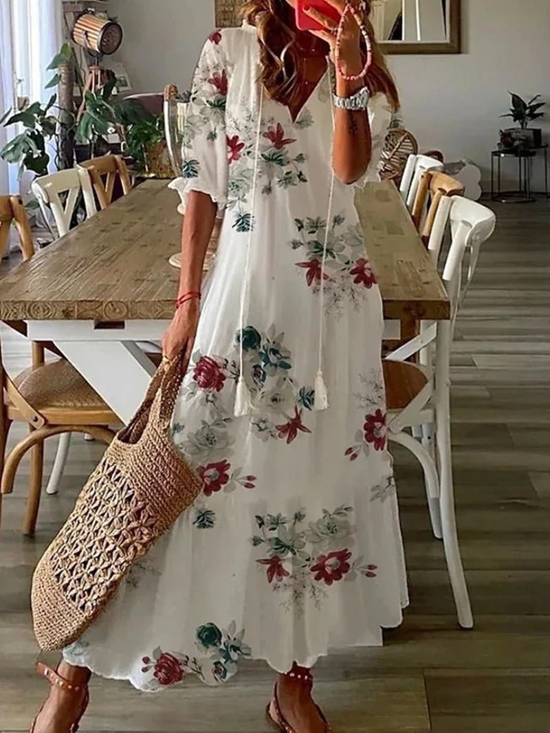 Vestido mujer | maxi floral con escote en V y manga suelta