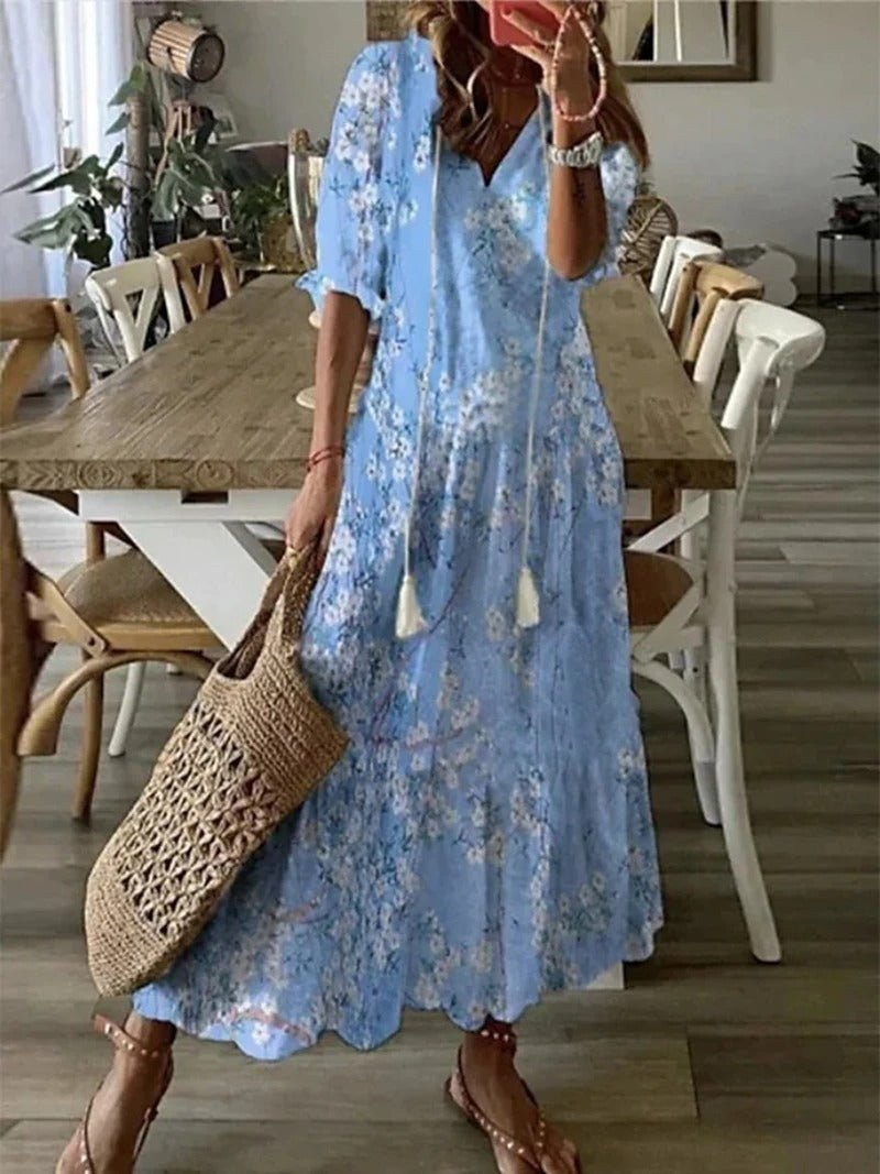 Vestido mujer | maxi floral con escote en V y manga suelta