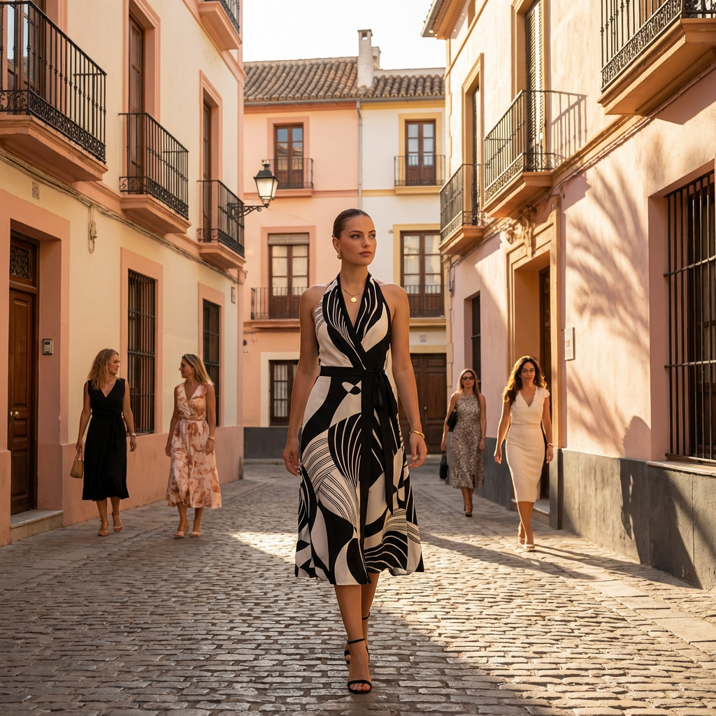 Vestido Cruzado Escote Halter | Diseño Envolvente Estampado Geométrico