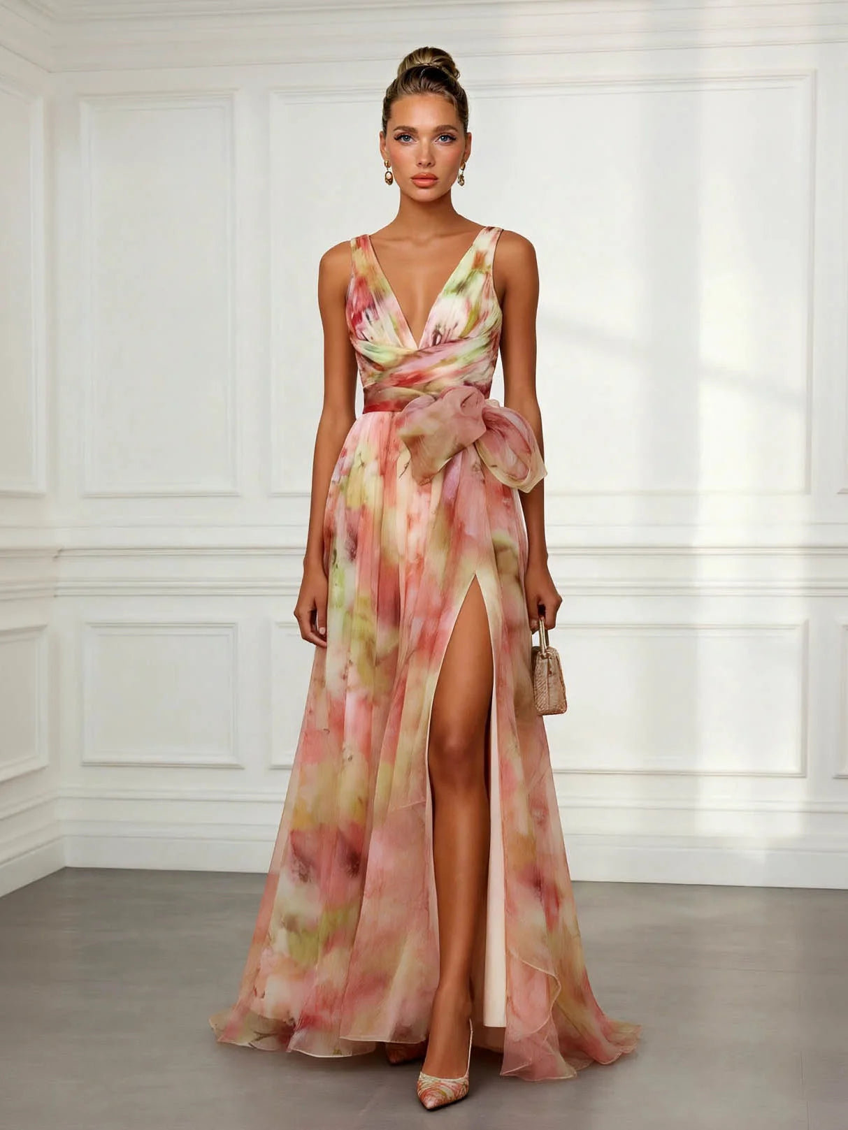 Vestido Mujer Maxi | Estampado Abstracto con Cuello en V y Cintura