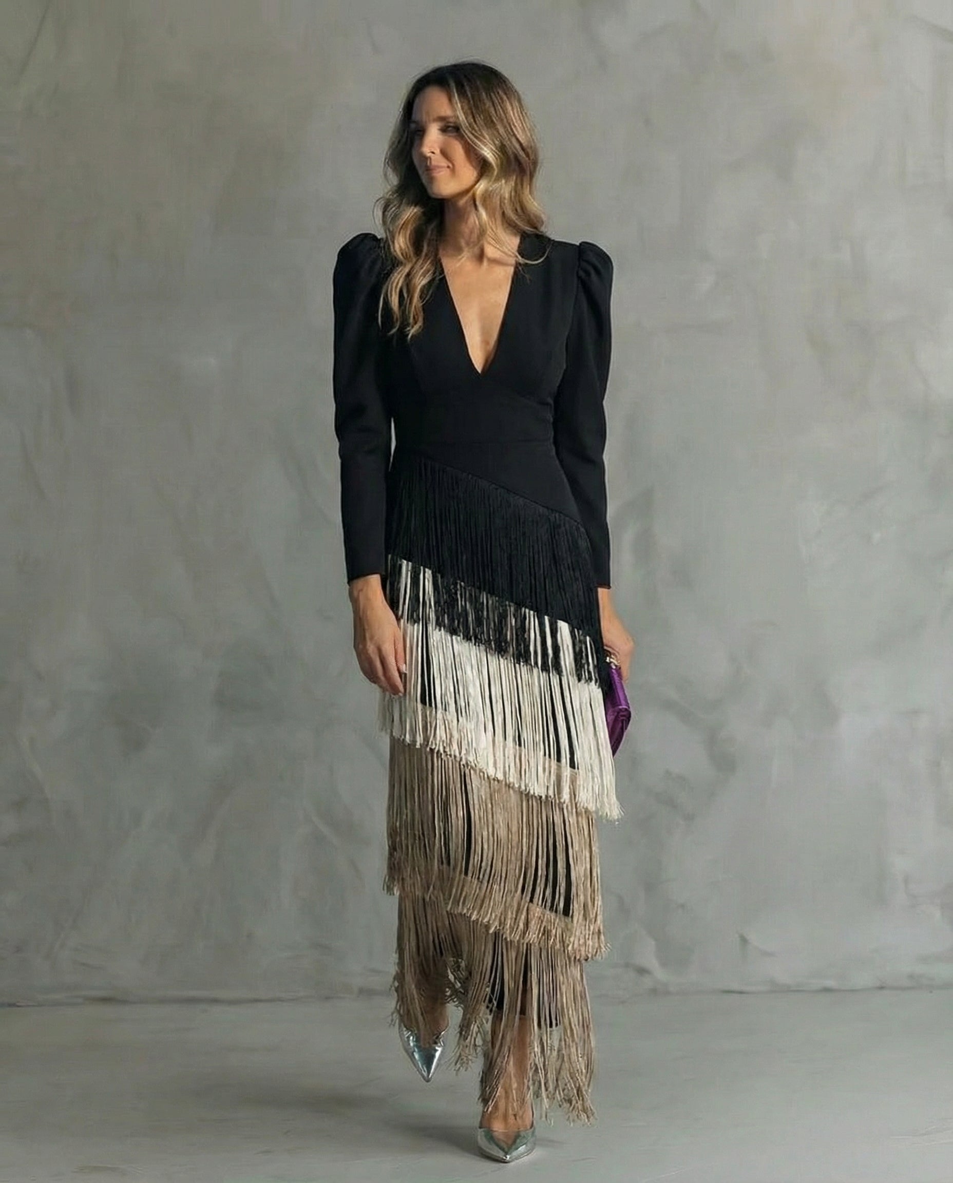 Vestido midi mujer | flecos en capas y escote profundo