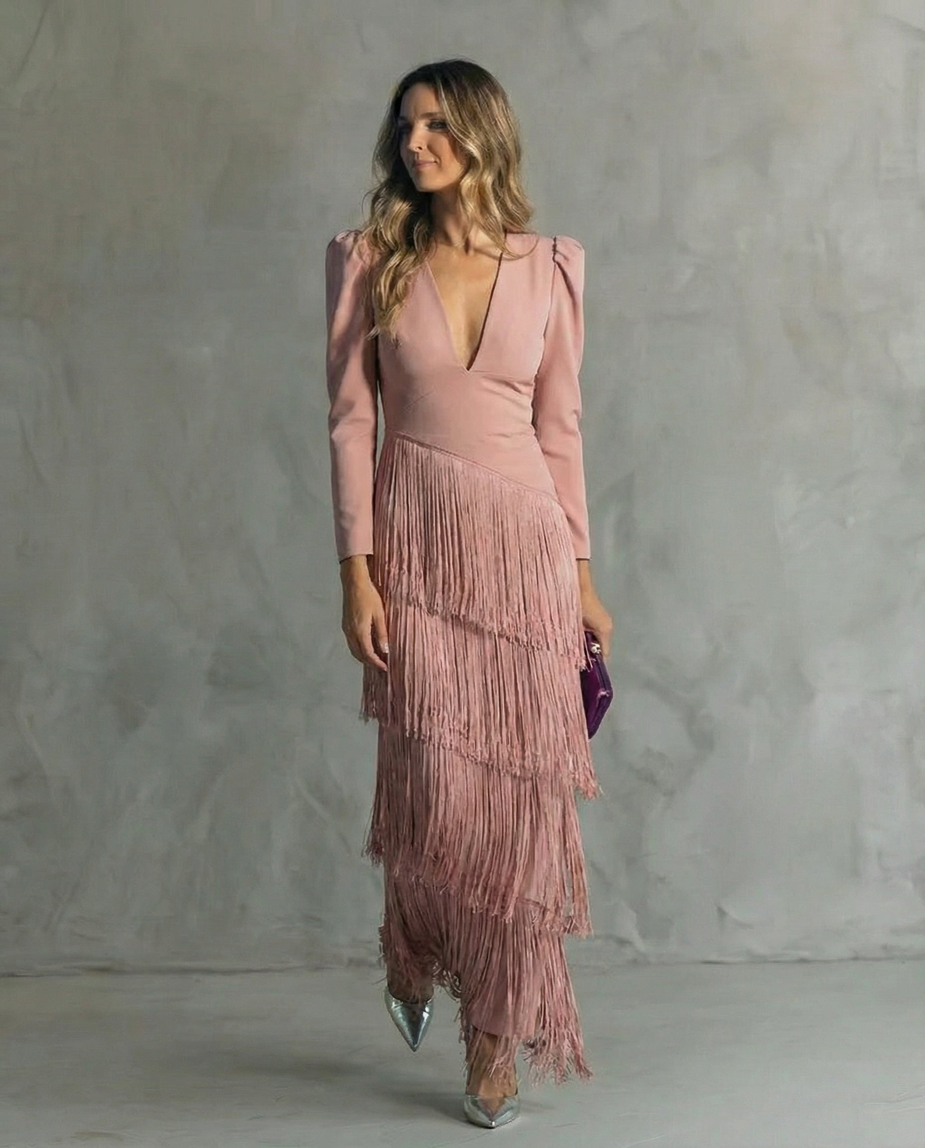 Vestido midi mujer | flecos en capas y escote profundo