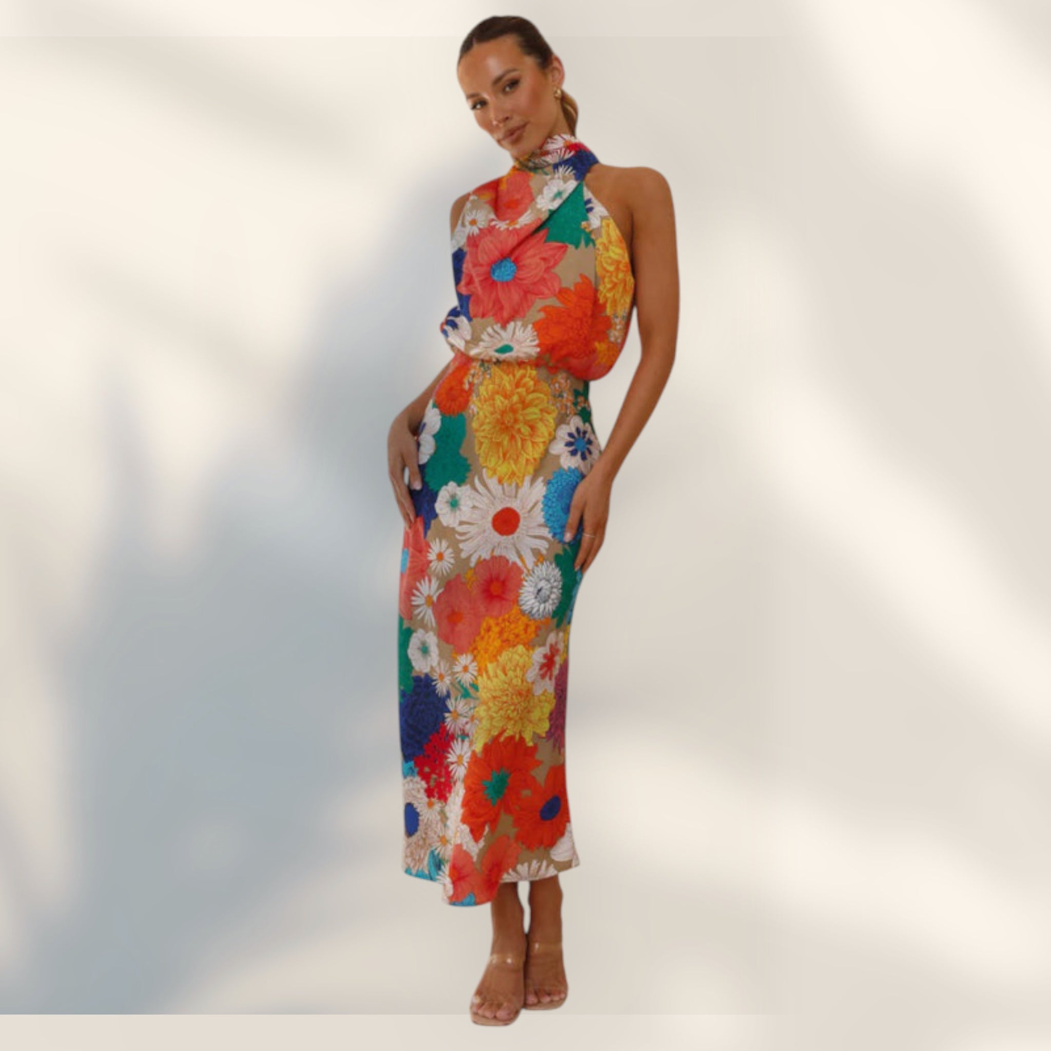 Vestido Midi Escote Halter | Cintura Ajustada Estampado Floral Largo Medio