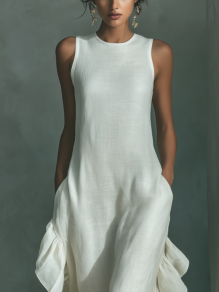 Vestido Maxi Mujer | Cuello Redondo con Volantes Asimétricos