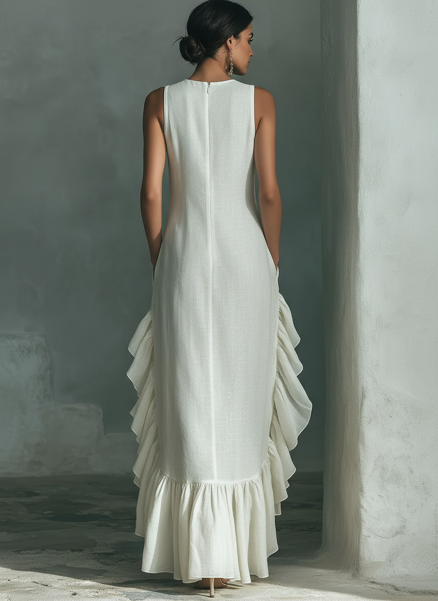 Vestido Maxi Mujer | Cuello Redondo con Volantes Asimétricos