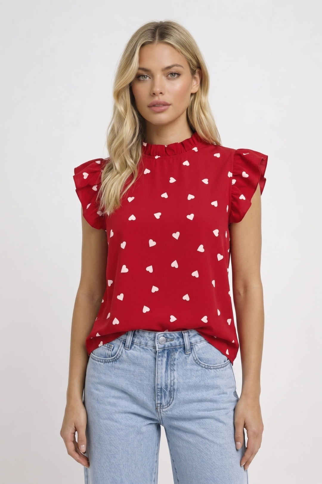 Camiseta Mujer | Cuello Alto con Mangas de Volantes y Estampado