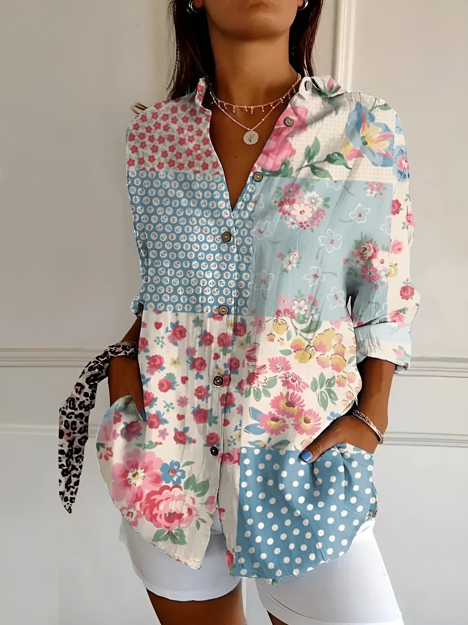 Blusa Mujer | Cuello Dividido en V con Mangas Enrollables