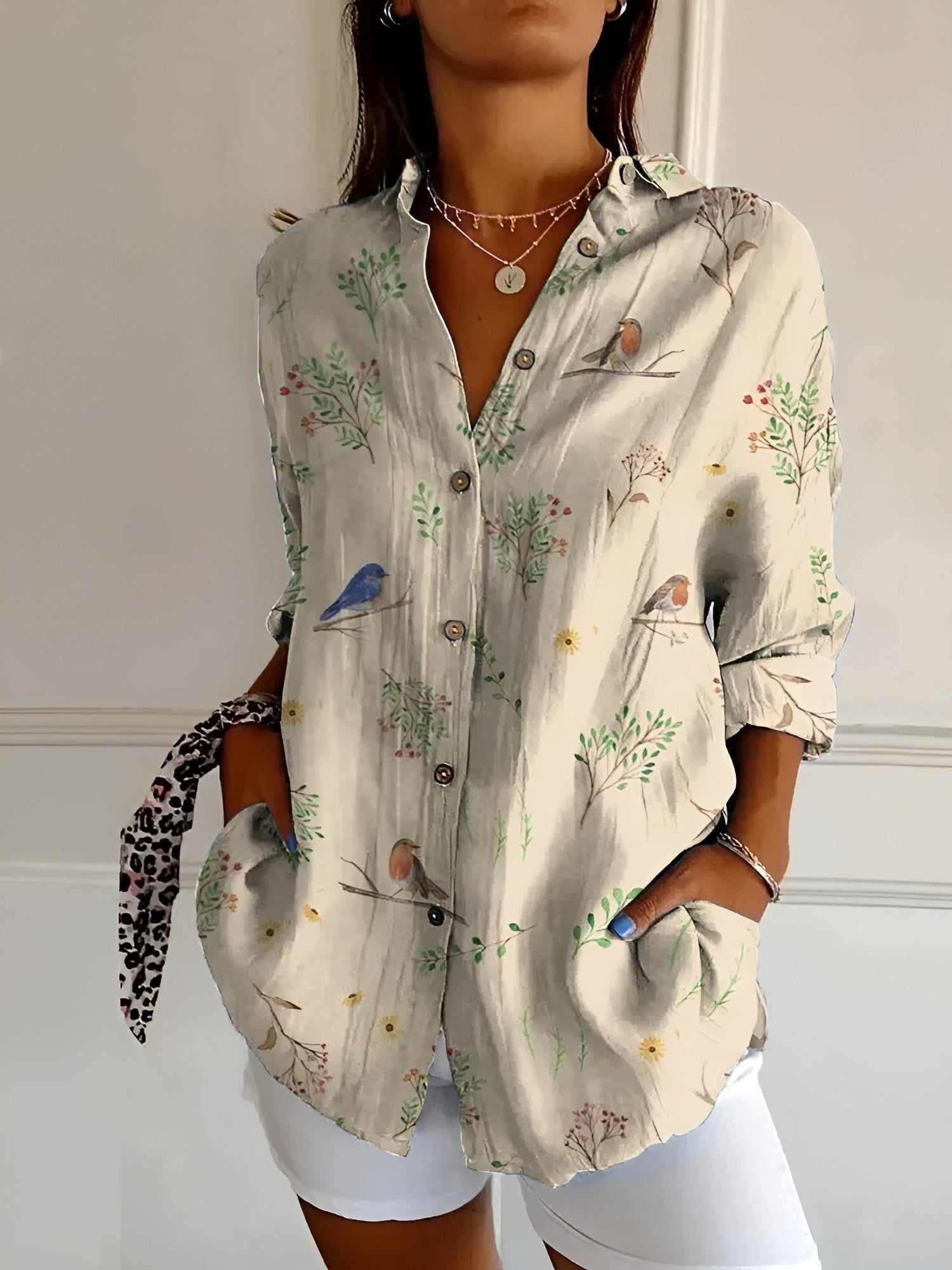 Blusa Mujer | Cuello Dividido en V con Mangas Enrollables