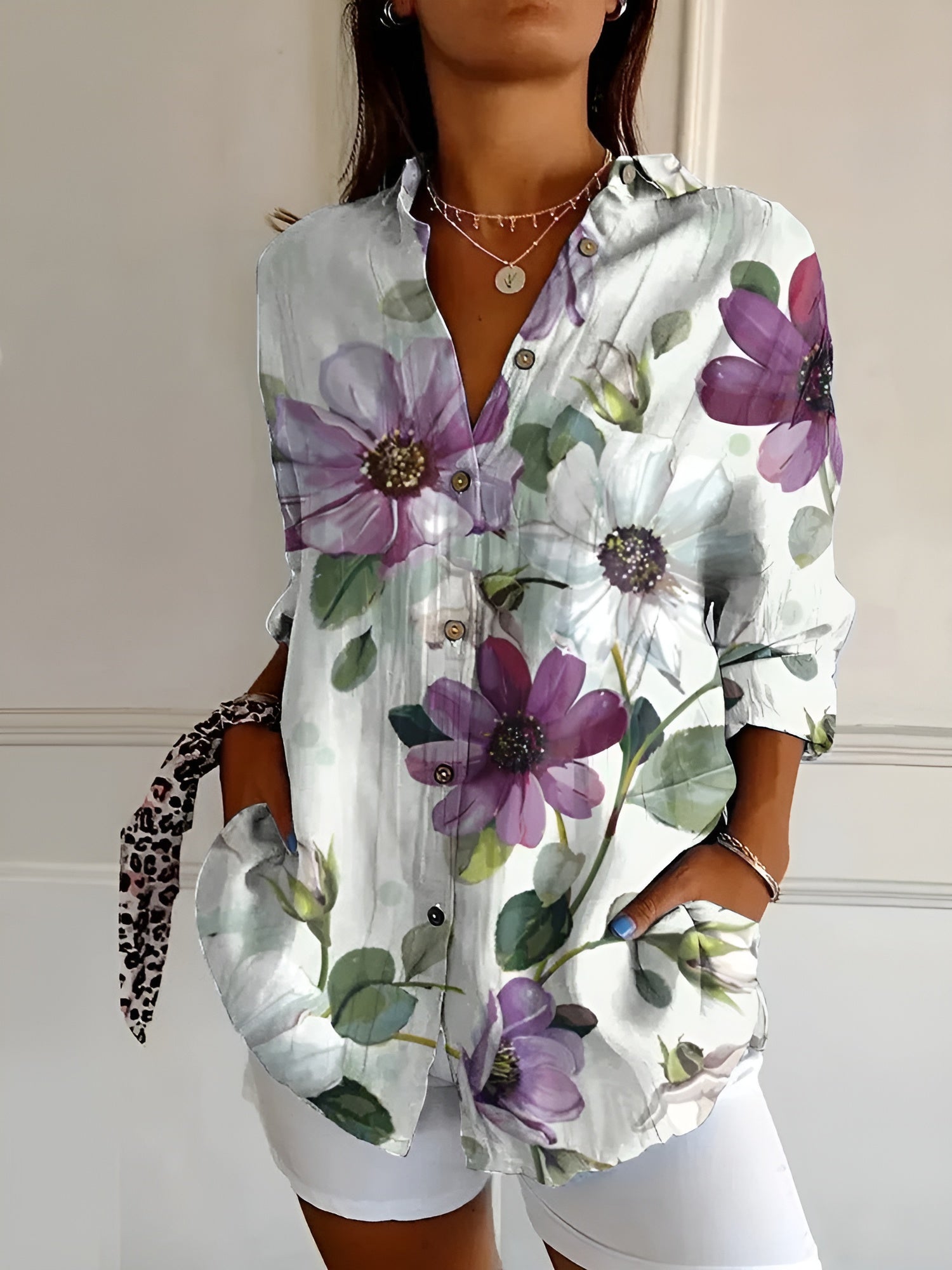 Blusa Mujer | Cuello Dividido en V con Mangas Enrollables