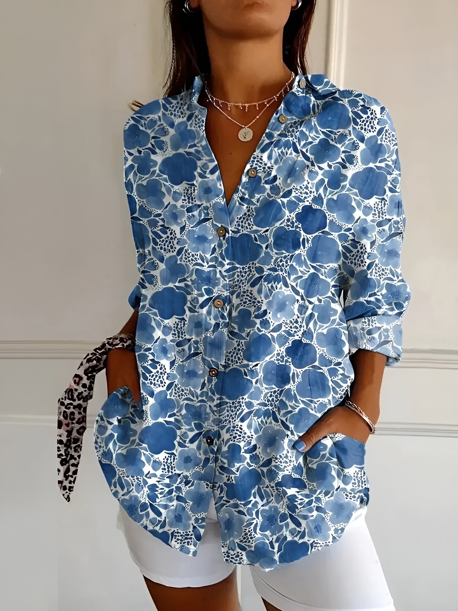 Blusa Mujer | Cuello Dividido en V con Mangas Enrollables