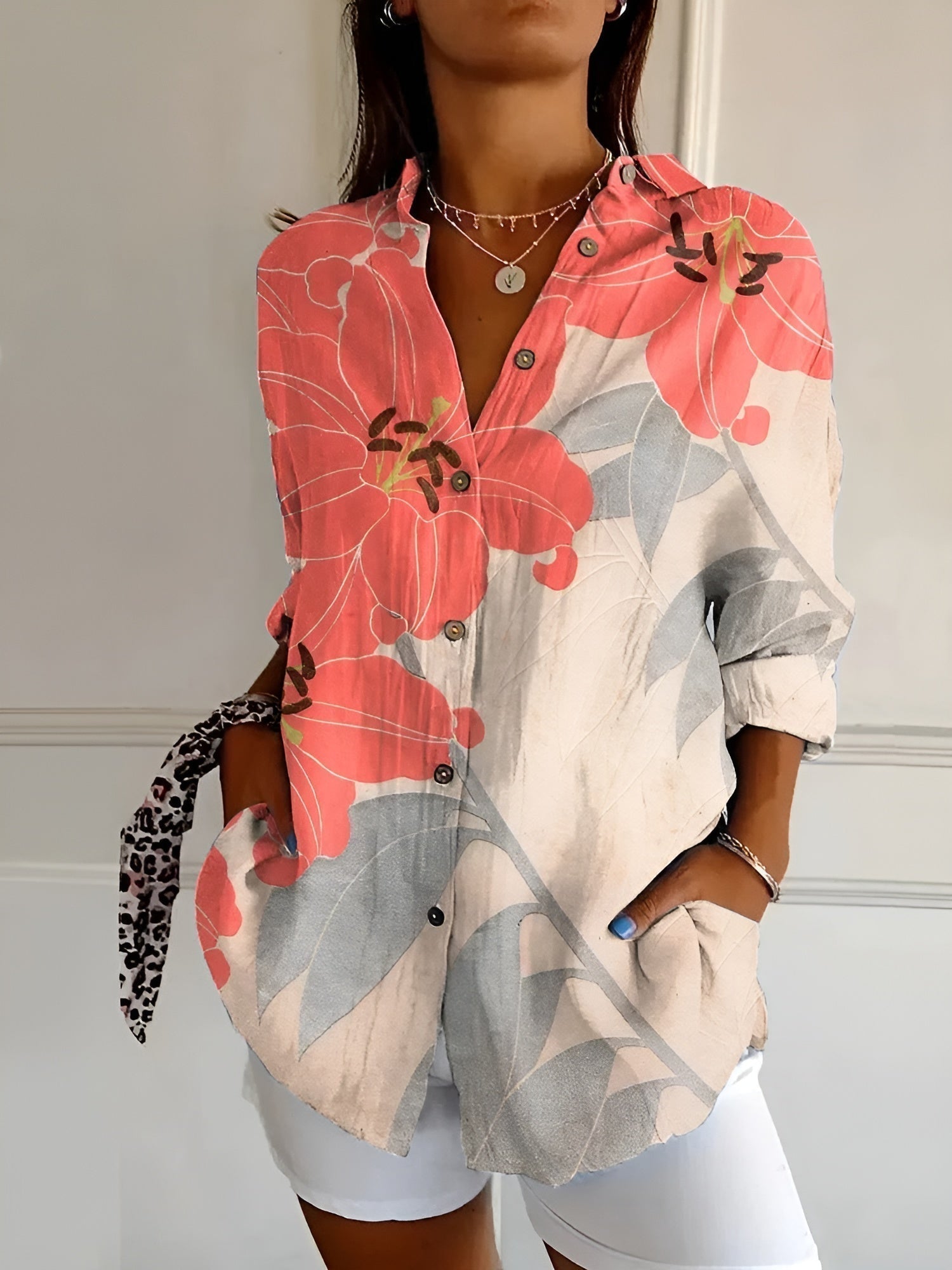 Blusa Mujer | Cuello Dividido en V con Mangas Enrollables