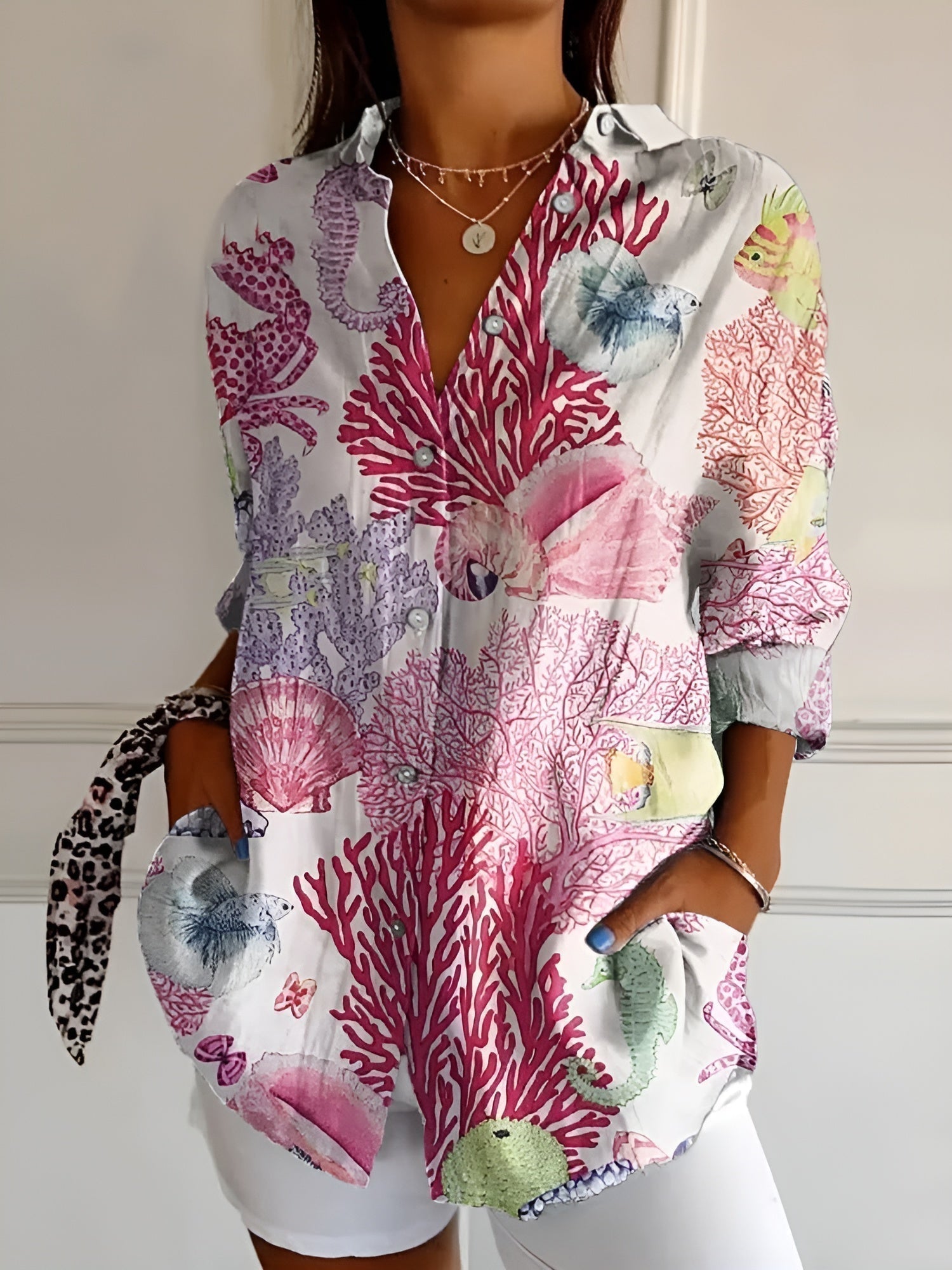 Blusa Mujer | Cuello Dividido en V con Mangas Enrollables