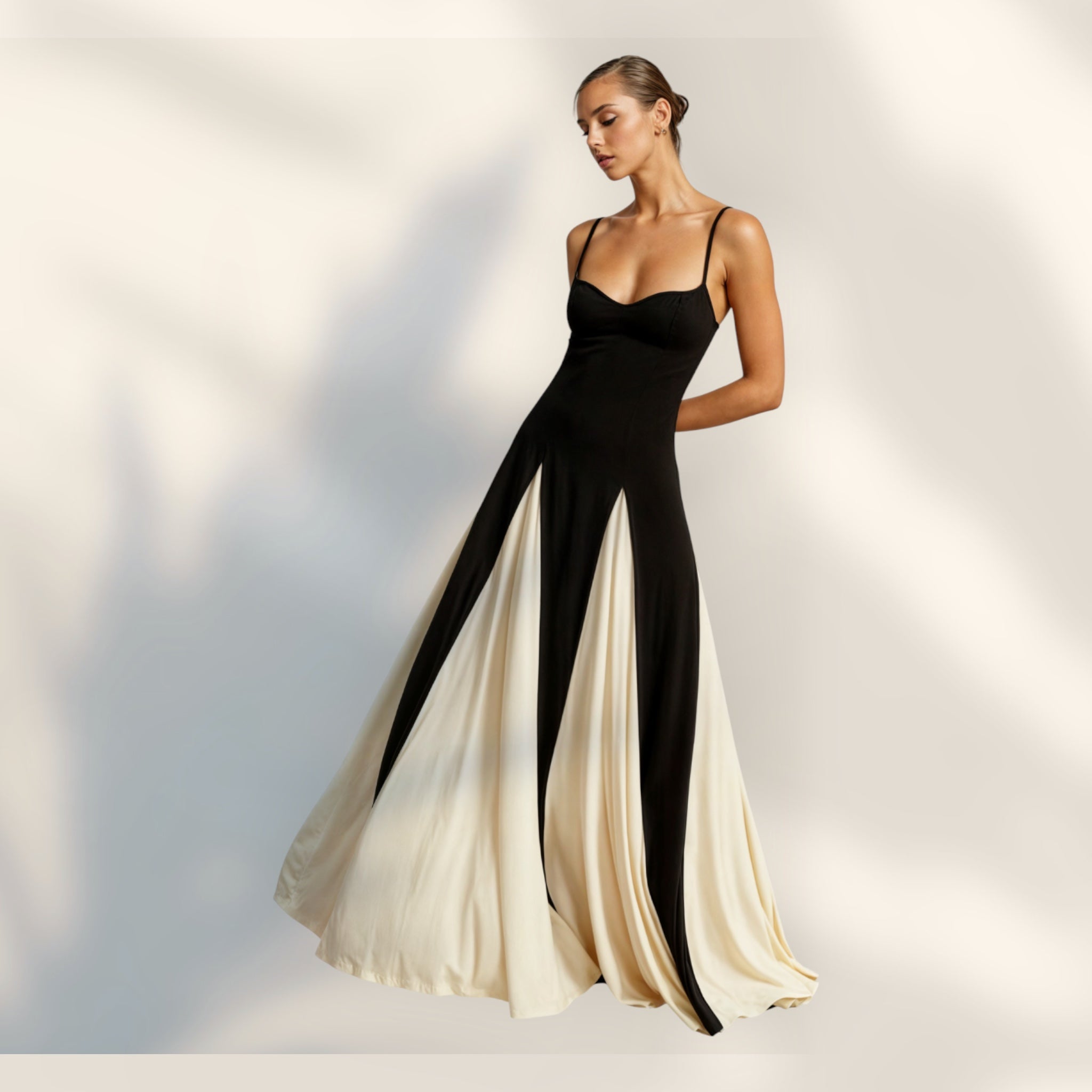 Vestido Maxi Tirantes Finos | Bicolor Negro y Crema Largo Tobillo