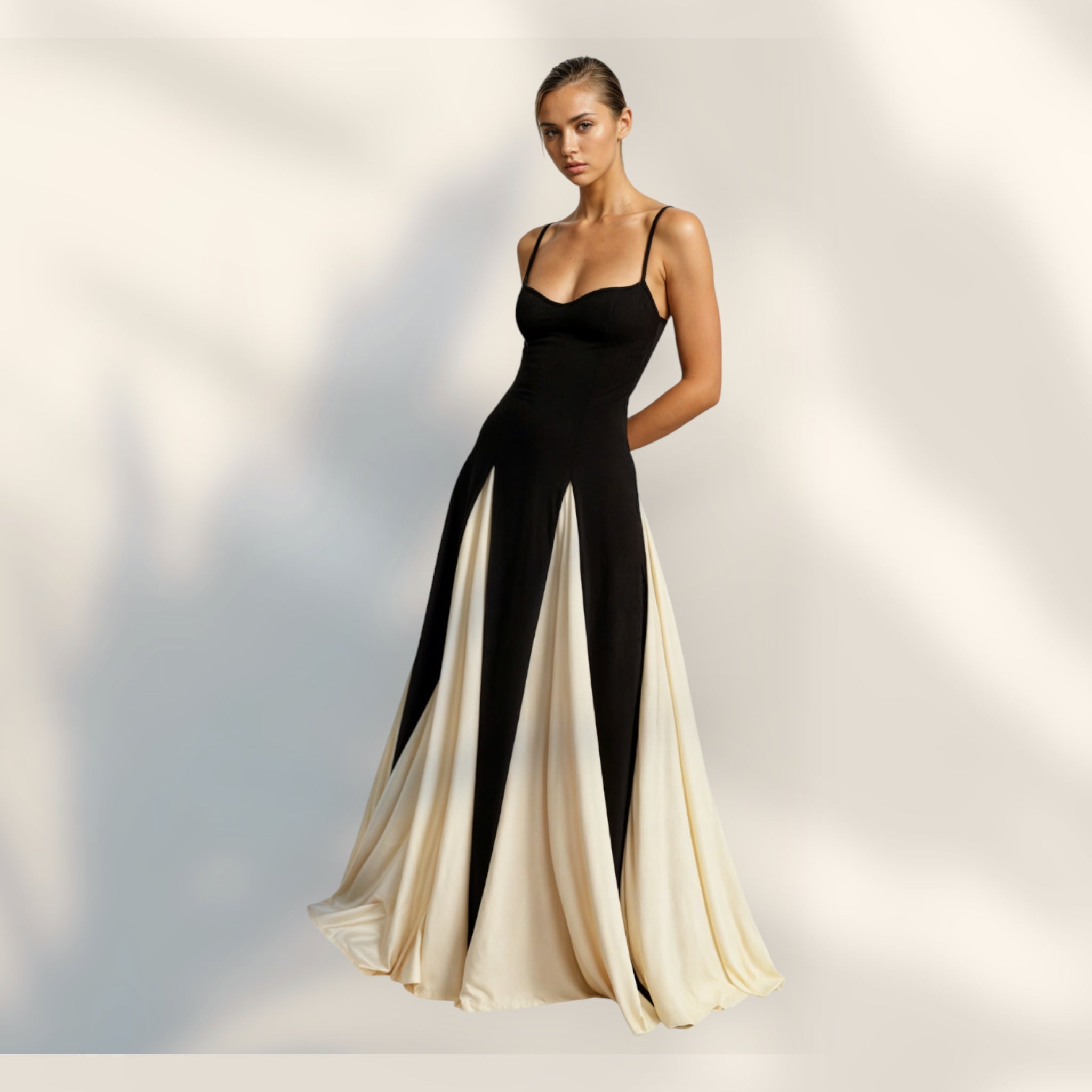 Vestido Maxi Tirantes Finos | Bicolor Negro y Crema Largo Tobillo